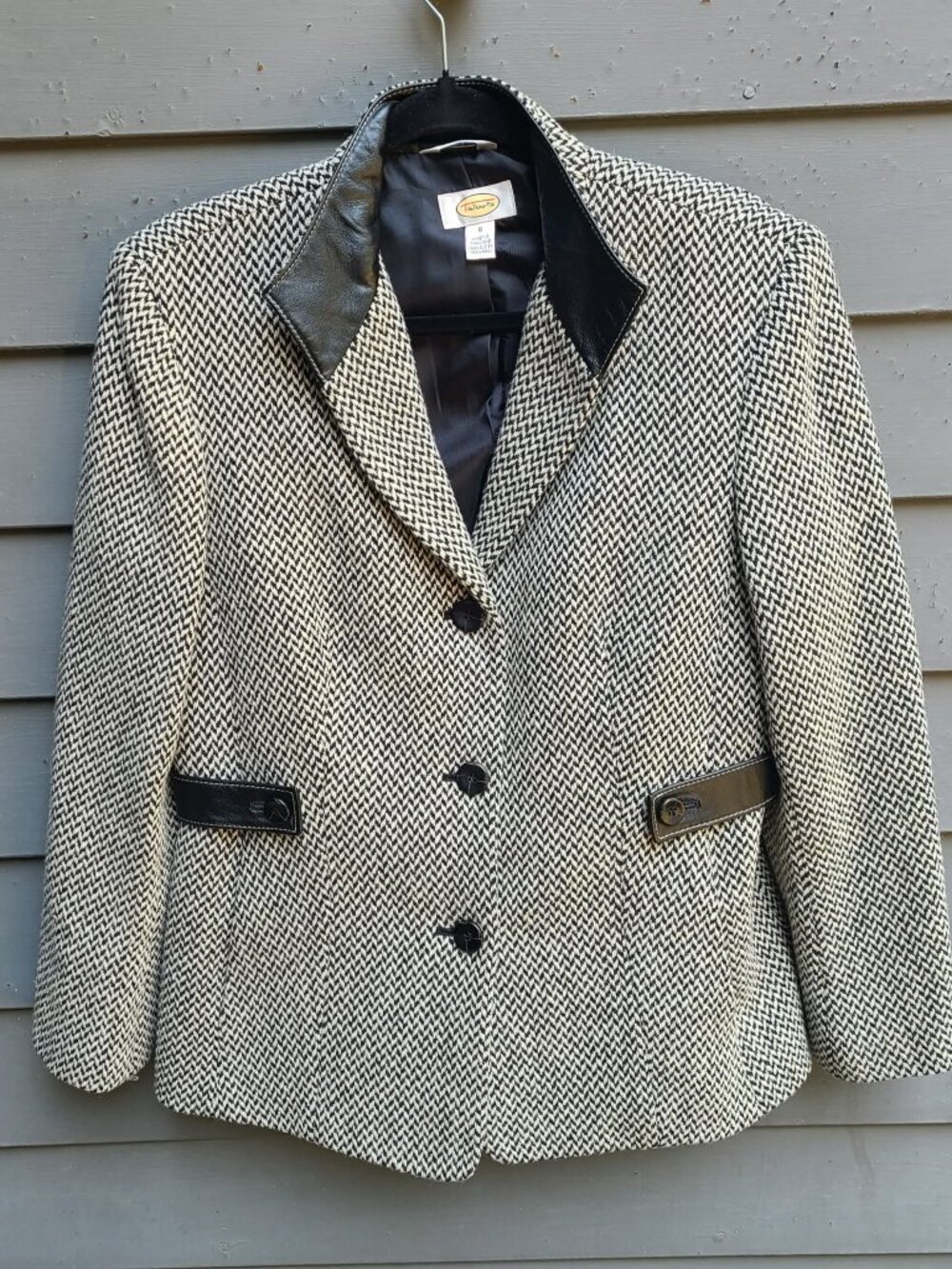 Talbots Wool Herringbone Black White Lined Wool Car Coat with real Leather Trim